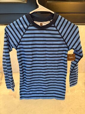 NWT Tea Collection Blue & Navy Striped Kids Rash Guard SPF 40 Size 10
